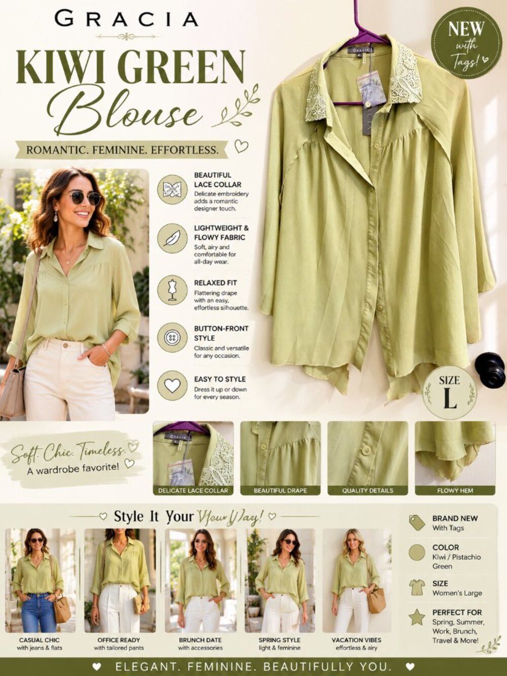 Gracia Women’s Kiwi Green Blouse Size Large – New With Tags – Romantic Lace